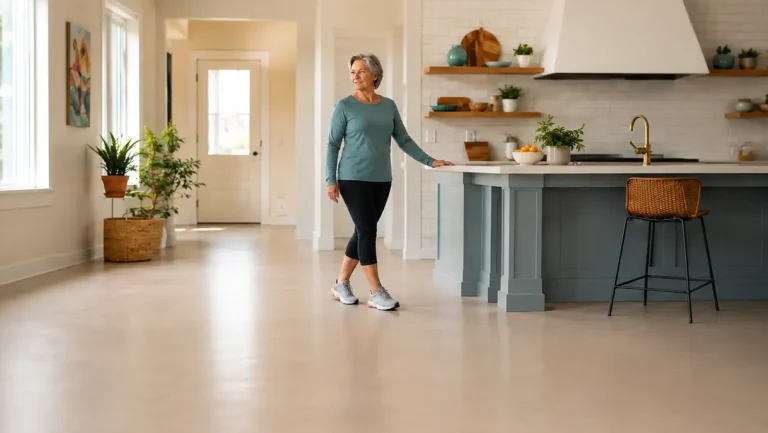 Adult over 50 practicing a supported heel-to-toe stance beside a sturdy kitchen counter.