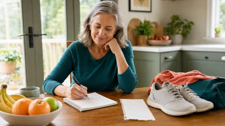 Adult over 50 reviewing a simple plan at a kitchen table with walking shoes nearby.