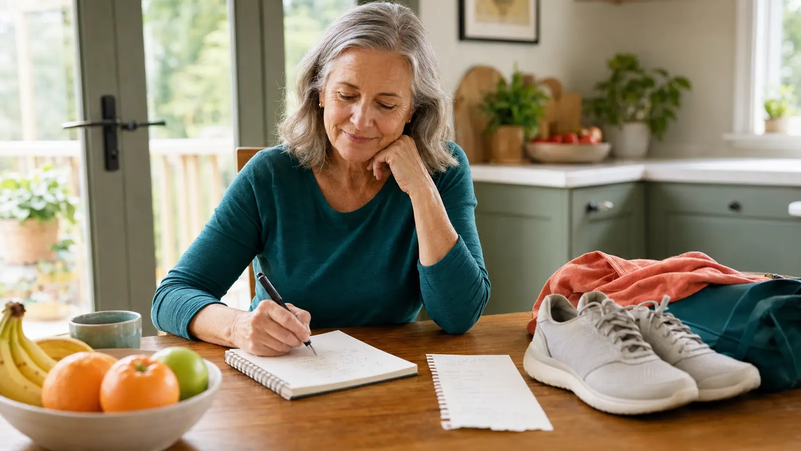 Adult over 50 reviewing a simple plan at a kitchen table with walking shoes nearby.