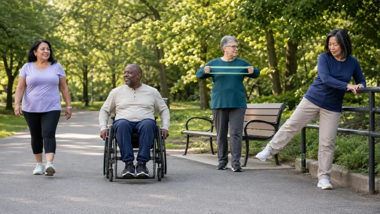 Adults over 50 walking, wheeling, using a resistance band, and practicing supported balance in a park.