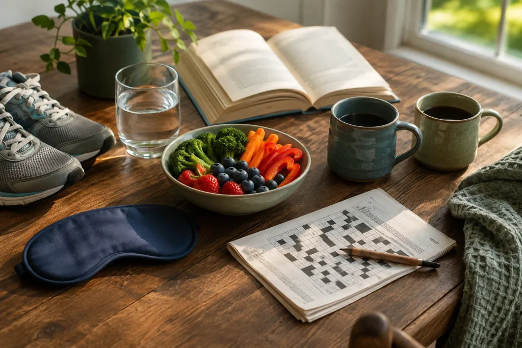 Walking shoes, nutritious foods, a book, sleep mask, crossword, and two mugs arranged on a table