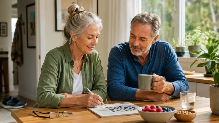Adults over 50 working on a crossword together with berries, nuts, water, and walking shoes nearby