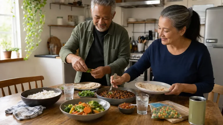 Two adults over 50 assemble a meal with beans, rice, vegetables, flatbread, and water at a kitchen table.