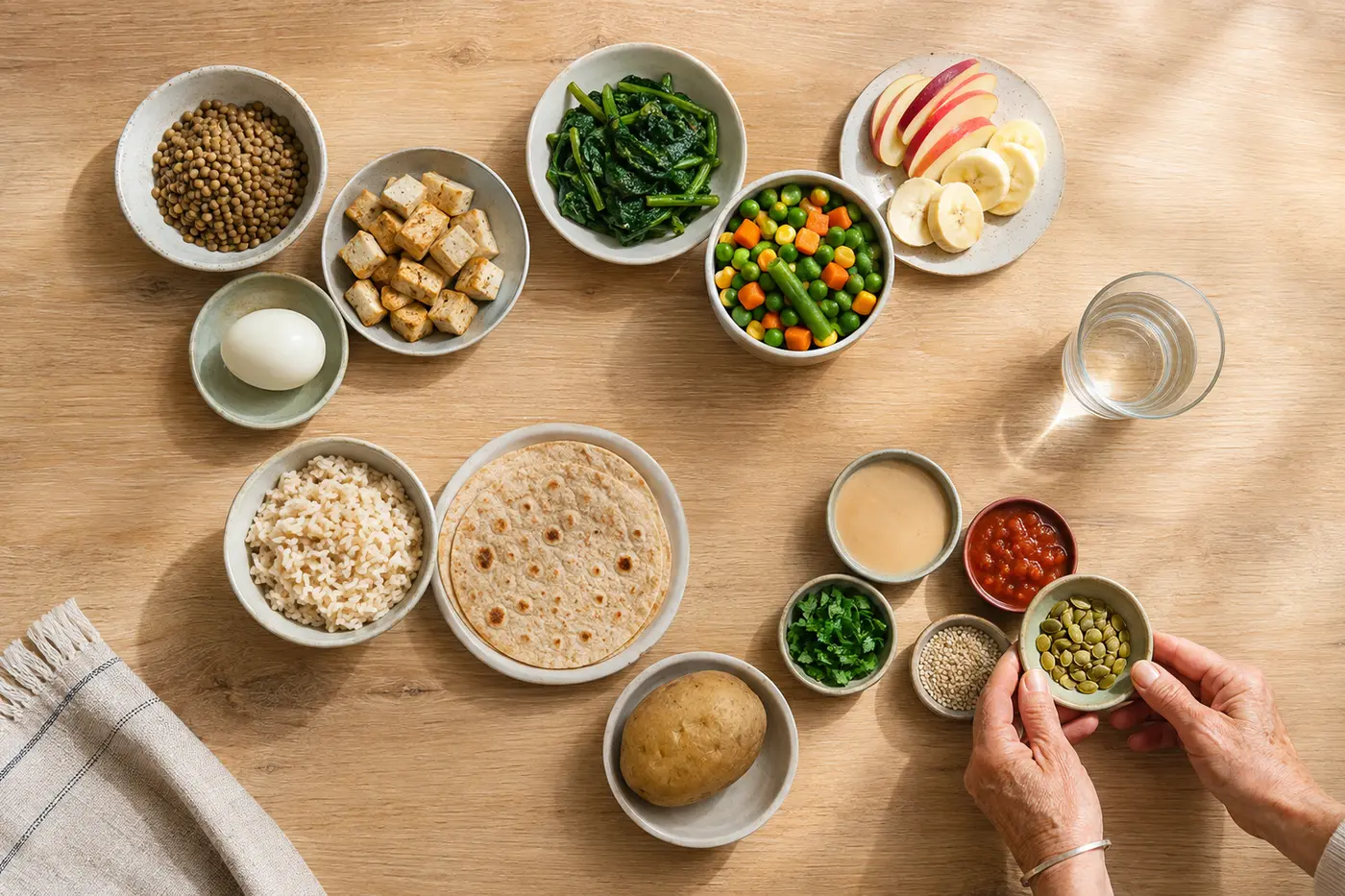Hands arrange lentils, egg, rice, flatbread, vegetables, fruit, seeds, sauce, and water as flexible meal options.
