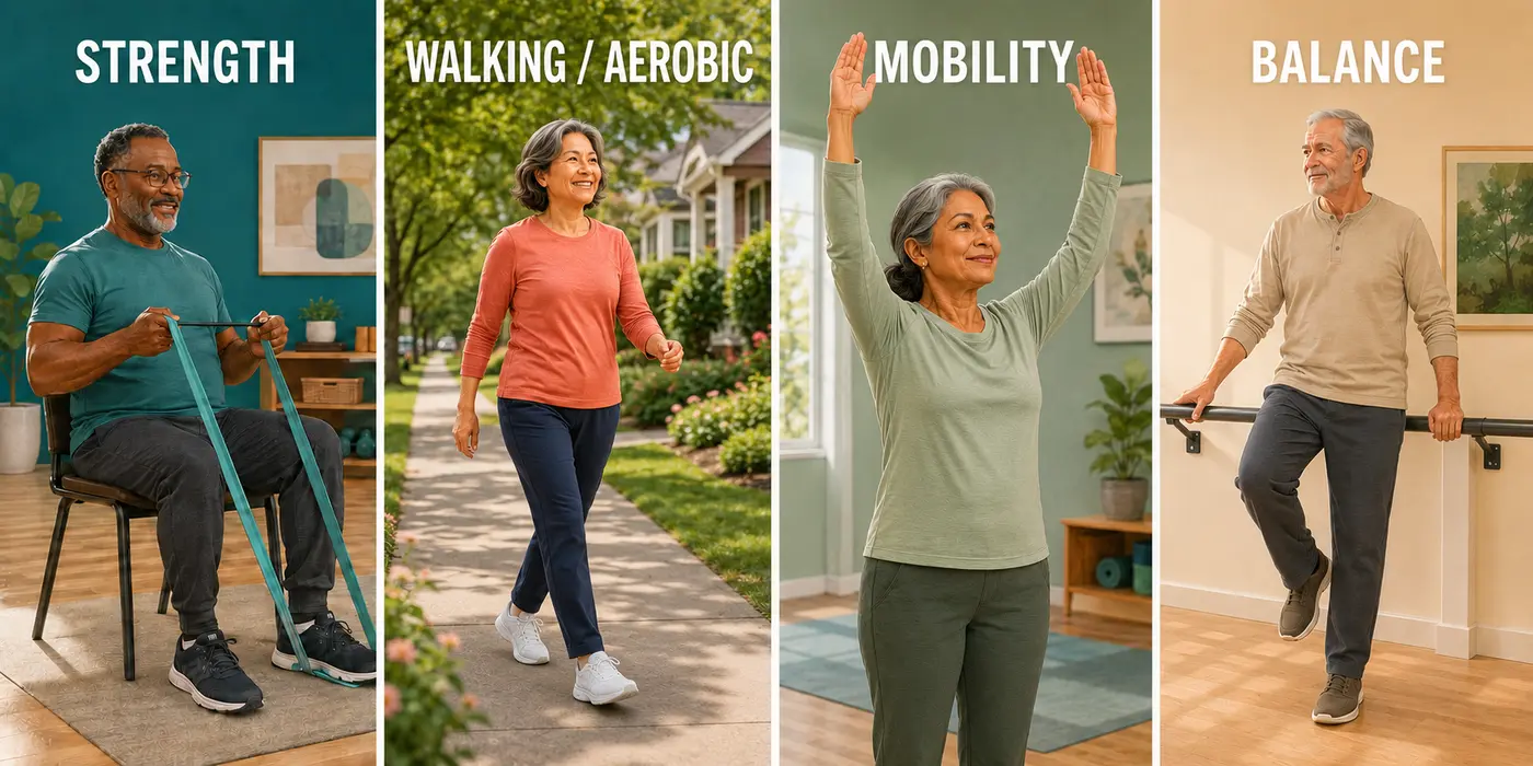 Four-panel movement menu showing adaptable strength, aerobic, mobility, and supported balance activities.