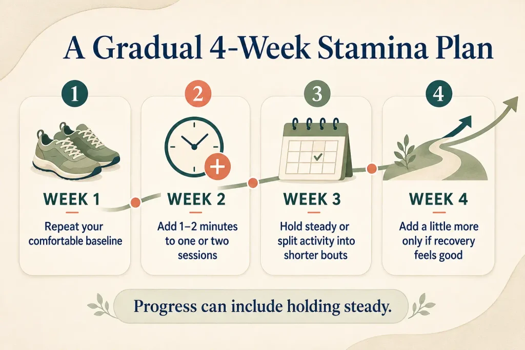 Four-week stamina plan progressing from a comfortable baseline to gradual increases with recovery
