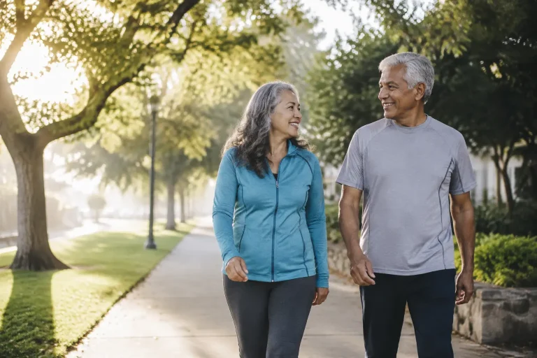 Two adults over 50 taking a comfortable morning walk to build stamina gradually