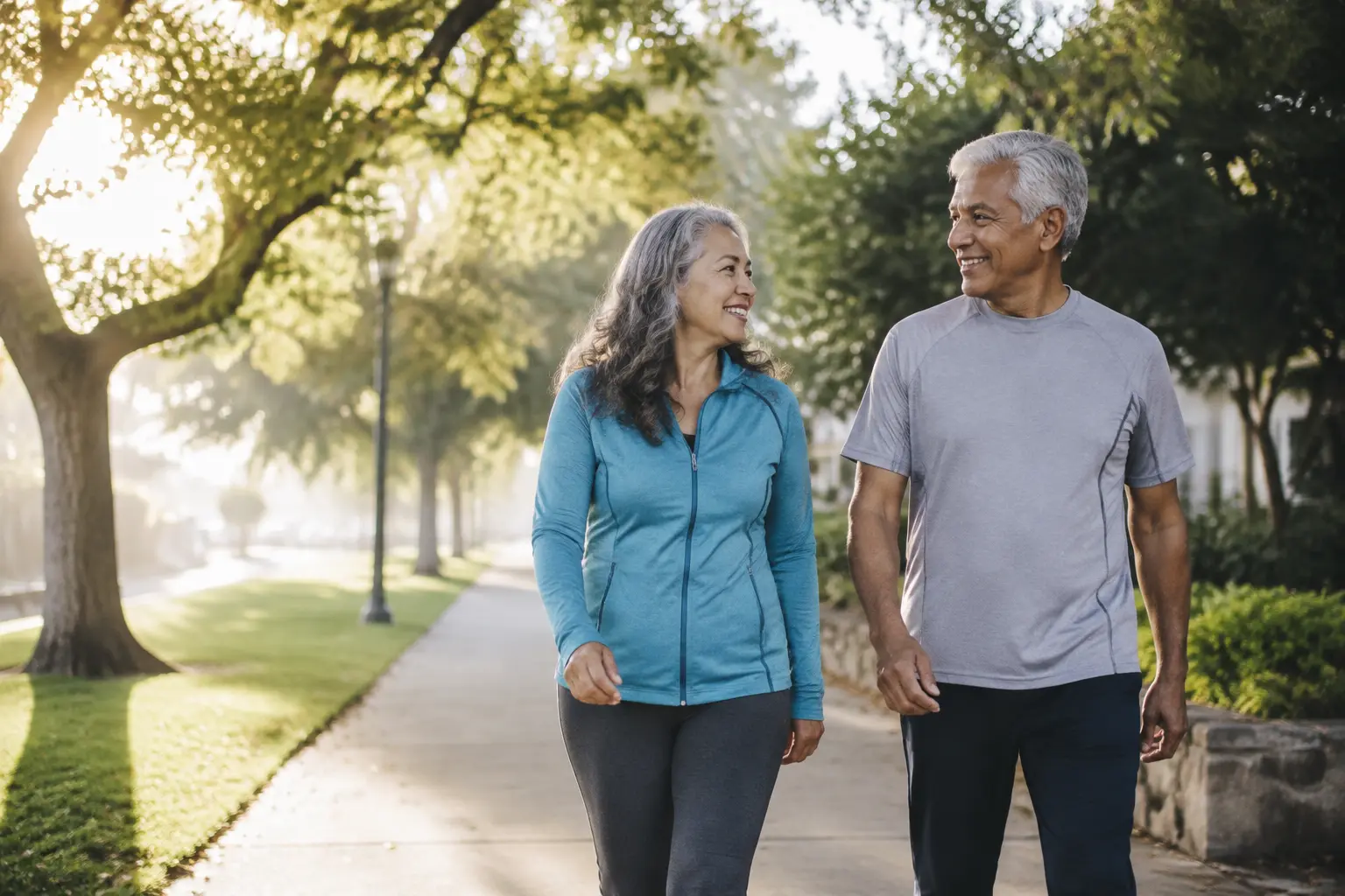 Two adults over 50 taking a comfortable morning walk to build stamina gradually