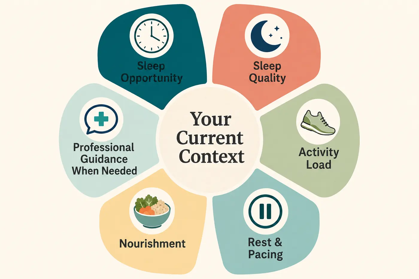Recovery context graphic connecting sleep opportunity, sleep quality, activity load, pacing, nourishment, and professional guidance.