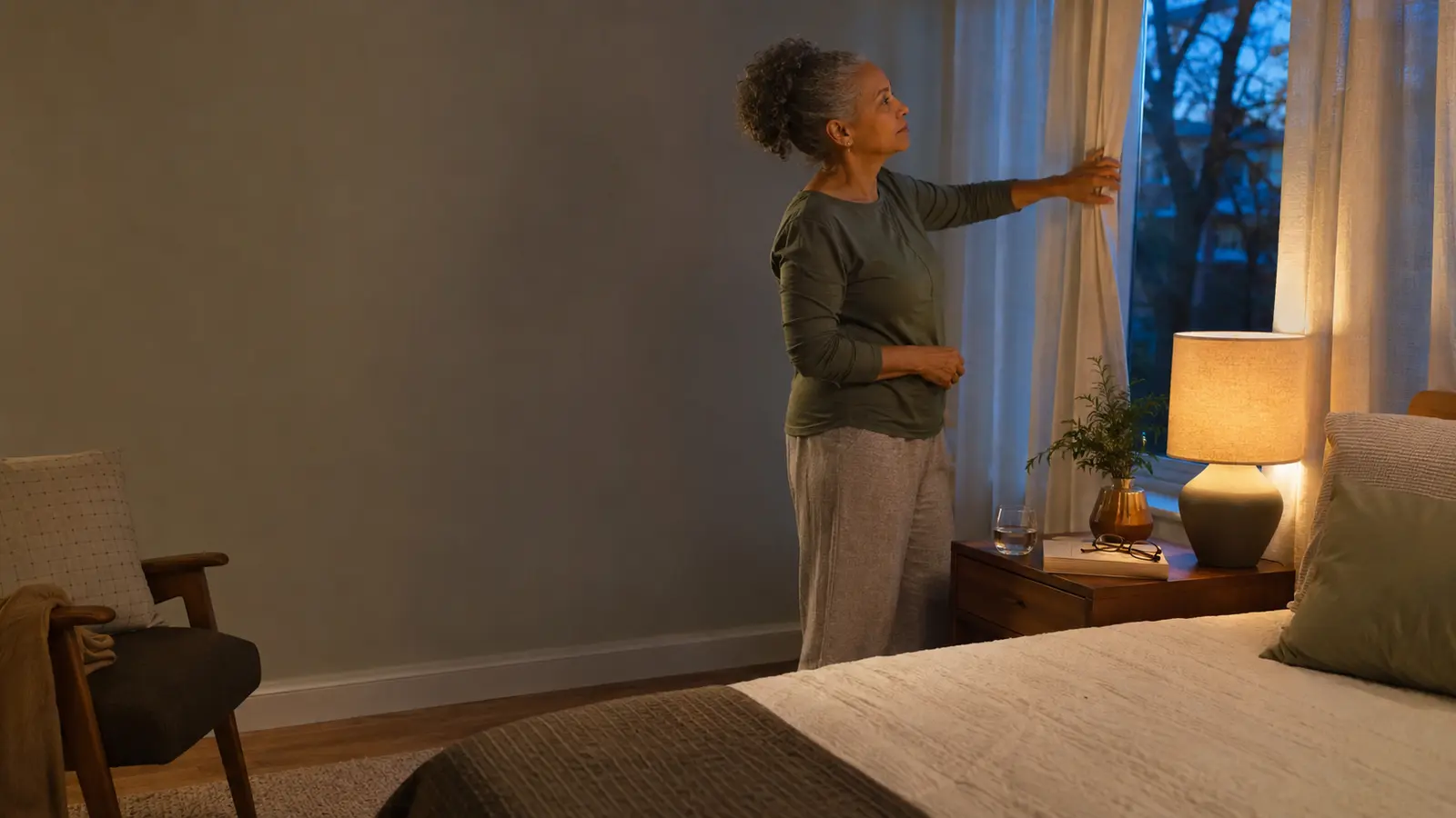 Adult closing bedroom curtains beside a warm reading lamp in the evening.