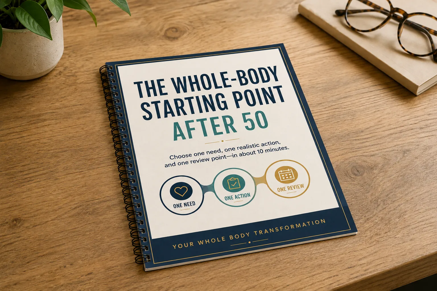 Spiral-bound Whole-Body Starting Point After 50 workbook on a wooden desk.