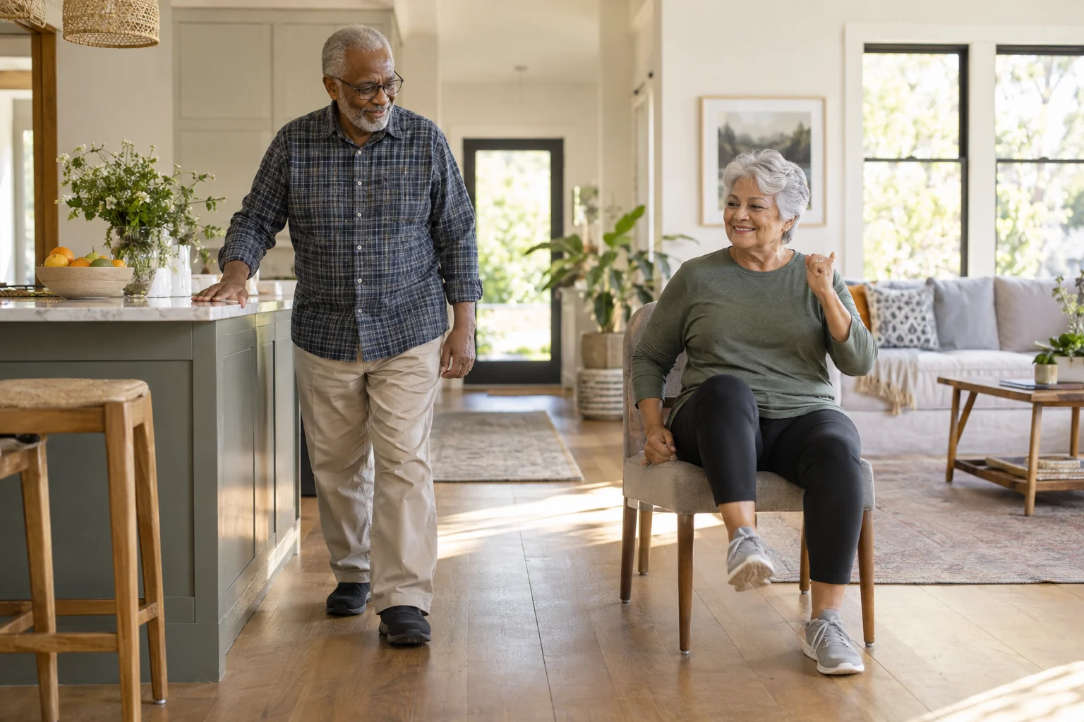 Two older adults adapt a short movement habit to standing and seated abilities at home.