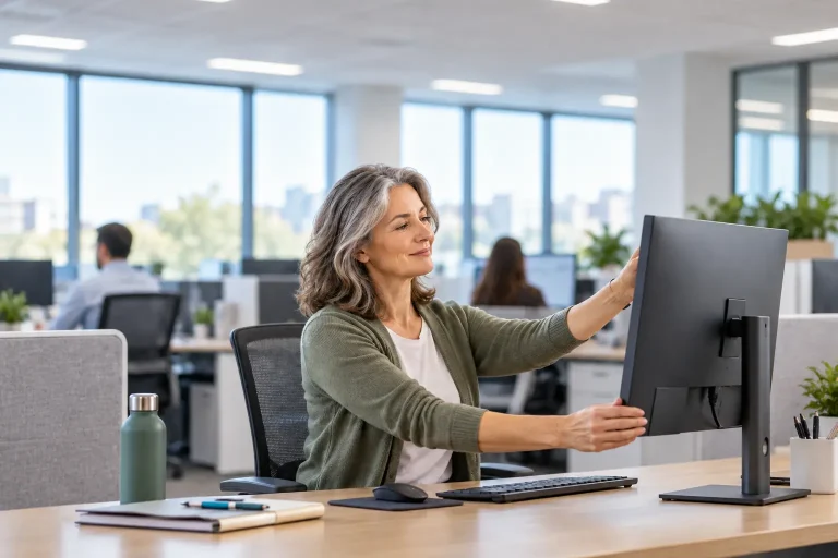 Office worker over 50 adjusting a comfortable computer workstation