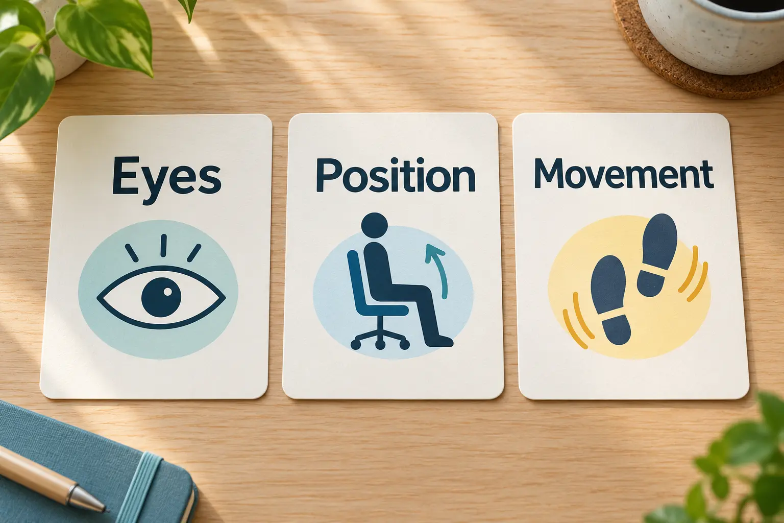 Three-part desk reset labeled Eyes, Position, and Movement